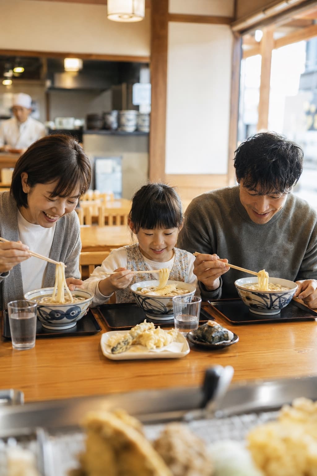 讃州製麺で家族そろってうどんを楽しむ様子